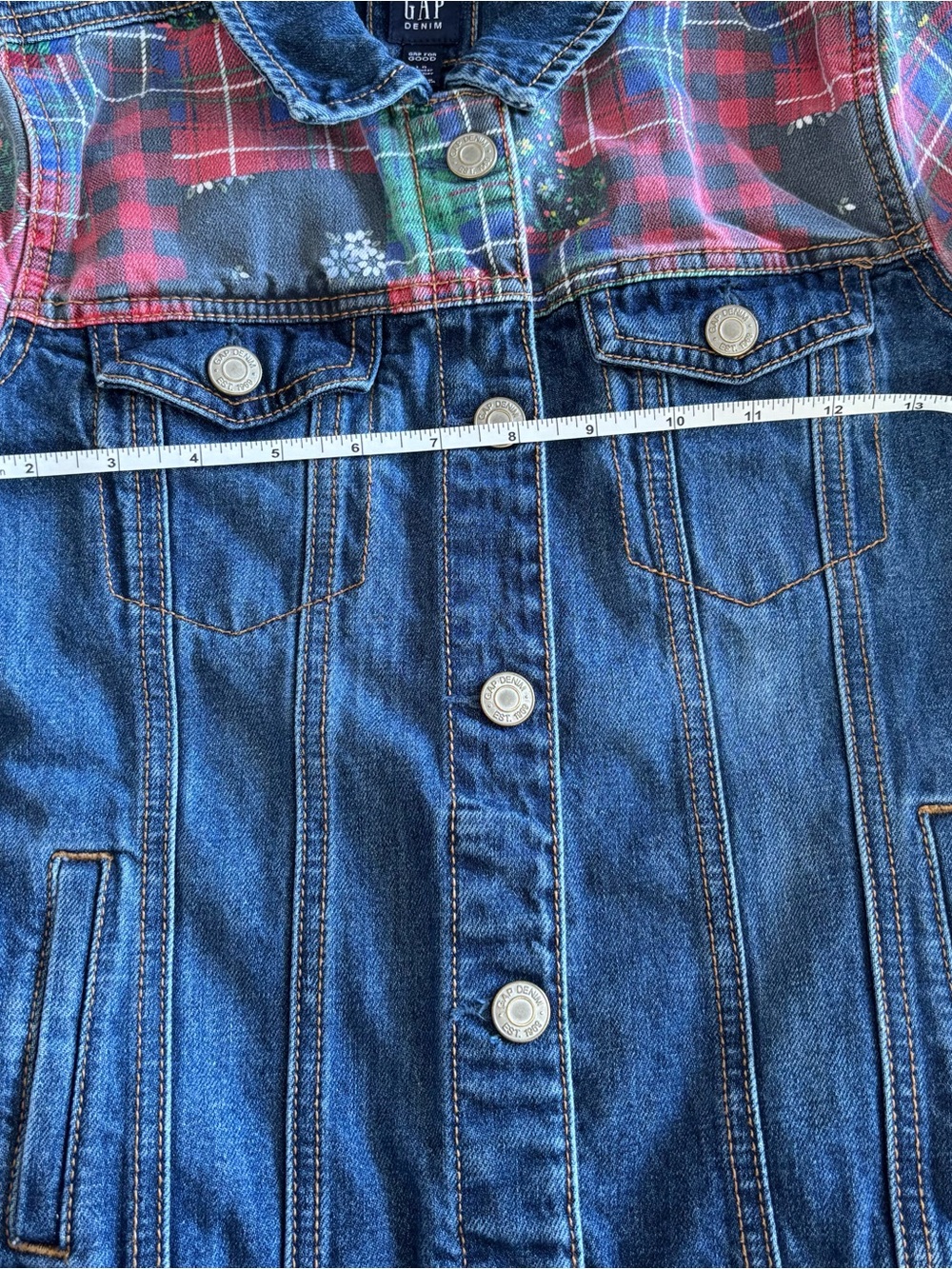 Gap Kids Girls Plaid Patchwork Denim Icon Jean Jacket Festive Holiday - Picture 8 of 10